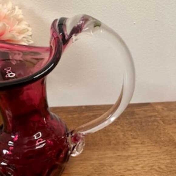 Vintage Cranberry Diamond Pattern Glass Pitcher‎ – Sculptural Handle Mid-Century - Picture 6 of 6